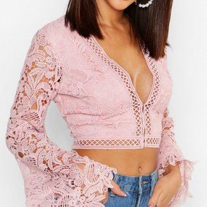 Boohoo Pink Lace Long Sleeve Crop Top